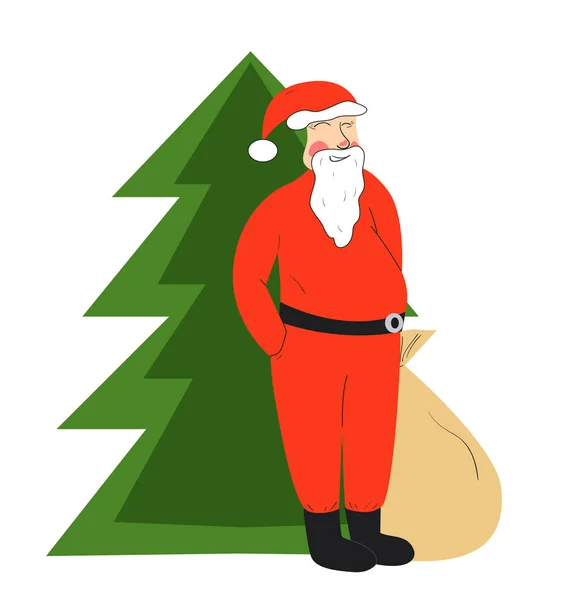 Мультфильм Санта Клаус Мешком Подарков Елкой Векторная Иллюстрация — стоковый вектор
