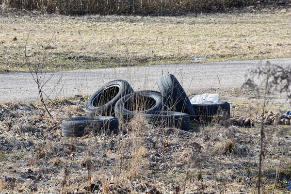 Old Used Tires Withered Grass Rubbish —  Fotos de Stock