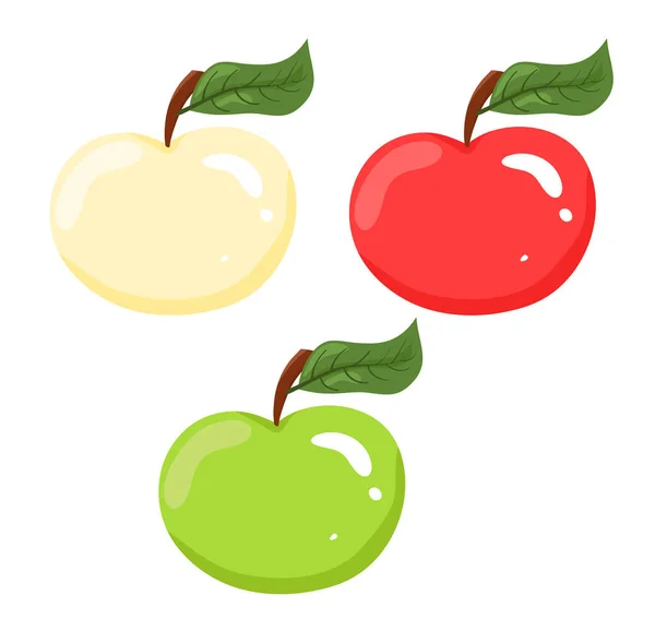 Trois Pommes Mûres Jaune Rouge Verte Illustration Vectorielle Bande Dessinée — Image vectorielle