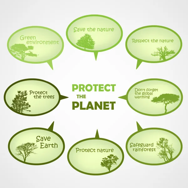 一連の惑星の緑のテキストの泡を保護します。 — ストックベクタ