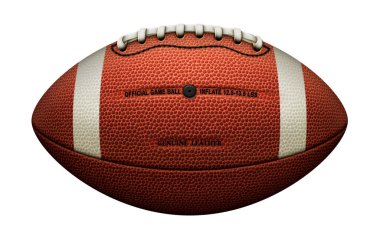 Tipik beyaz çizgileri, hava vanası ve arka planda izole edilmiş bağcıkları olan bir Amerikan futbolu. Bir kırpma yolu içerir.
