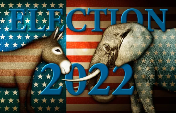 Wahltitel 2022 Mit Esel Und Elefant Vor Sternen Streifen Hintergrund — Stockfoto