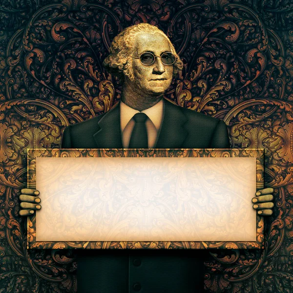 Photo Illustration Blank Sign Being Held George Washington Wearing Sunglasses — Stock Photo, Image