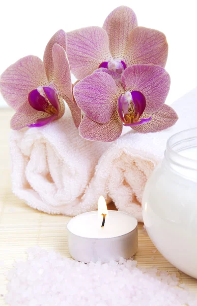 Candle, Towel and Orchid — Stock Photo, Image