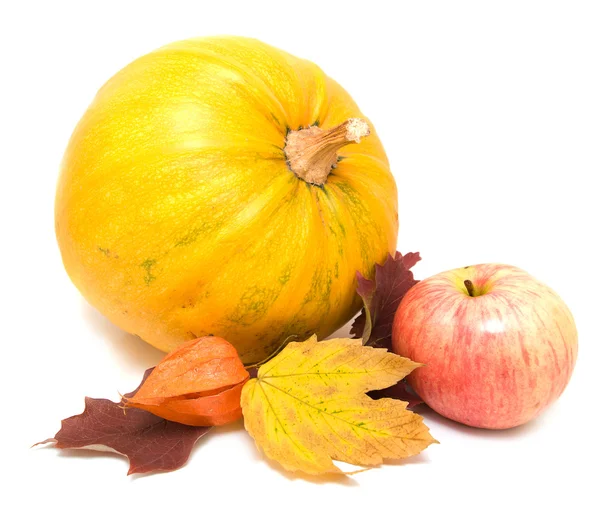 Pumpa, fall blad och äpple — Stockfoto