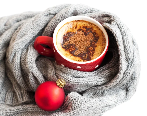 Cup of cocoa wrapped in grey scarf — Stock Photo, Image