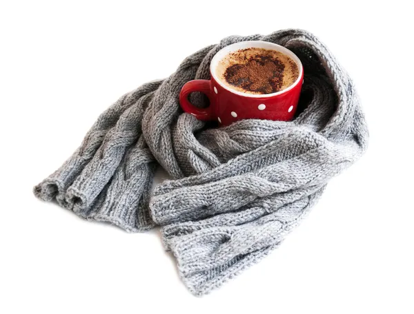 Cup of cocoa wrapped in grey scarf — Stock Photo, Image