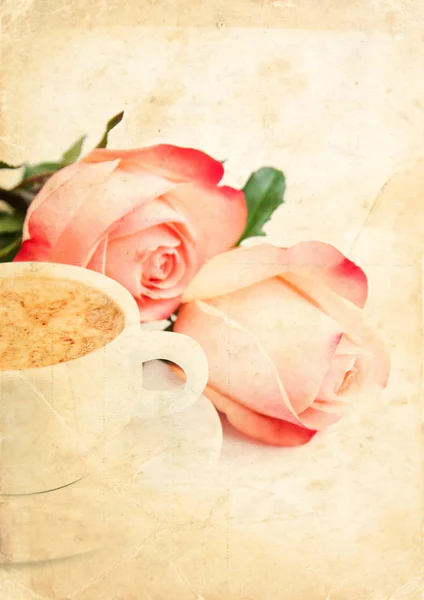 Grunge card with coffee and roses — Stock Photo, Image