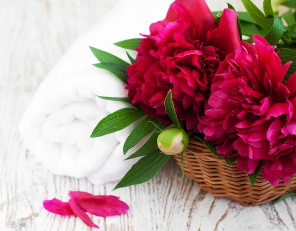 Spa handduk med pion blomma — Stockfoto