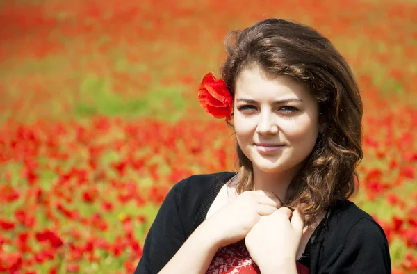 Young Woman in Poppy Field — Stock Photo, Image