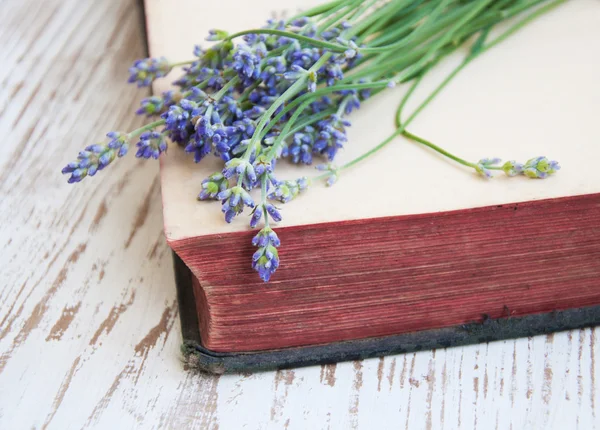 Lavendel op een oud boek — Stockfoto