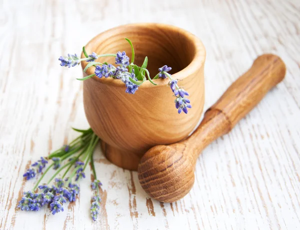 Mortar and pestle with lavender — Stock Photo, Image