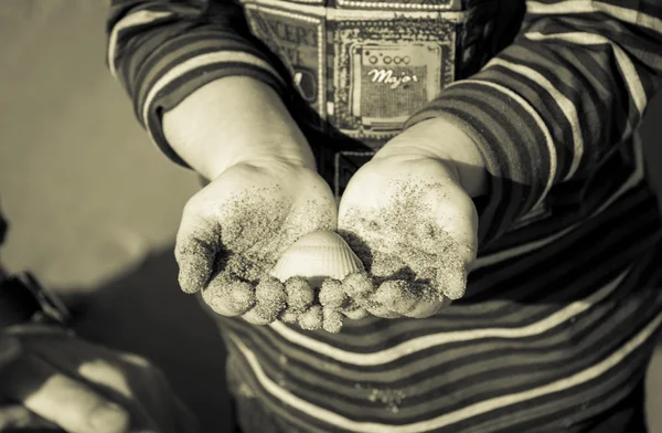 Cute boy holding a shell in his hands on the beach — Stock Photo, Image