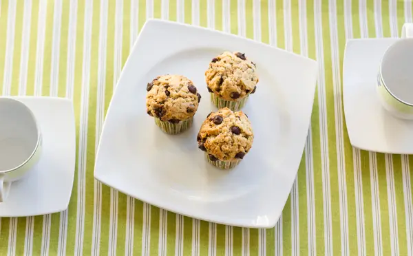 Chocolate chip muffins on white plate and green striped tableclo — Stock Photo, Image