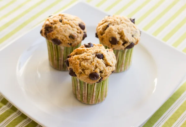 Chocolate chip muffins on white plate and green striped tableclo — Stock Photo, Image