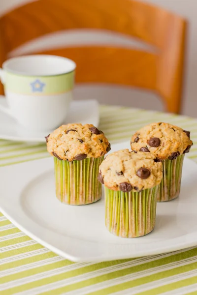 Muffins de viruta de chocolate en plato blanco y mantel rayado verde —  Fotos de Stock