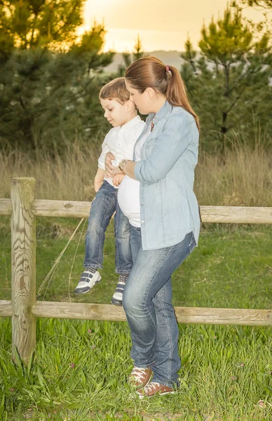 Schwangere Mutter sitzt mit ihrem Sohn auf einem Holzzaun in einem Feld — Stockfoto