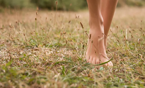 Unga kvinnliga ben gå på gräset — Stockfoto