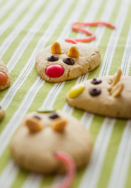 Cookies with mouse shaped and red licorice tail