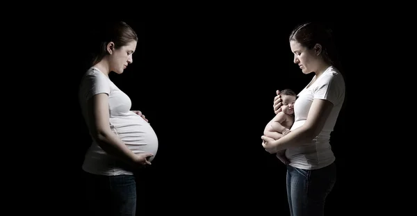 Girl before and after the pregnancy with newborn — Stock Photo, Image