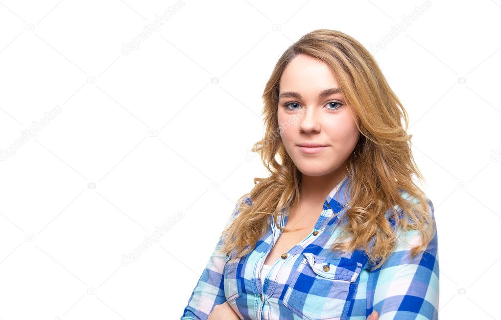 Blonde teenager student with blue plaid shirt