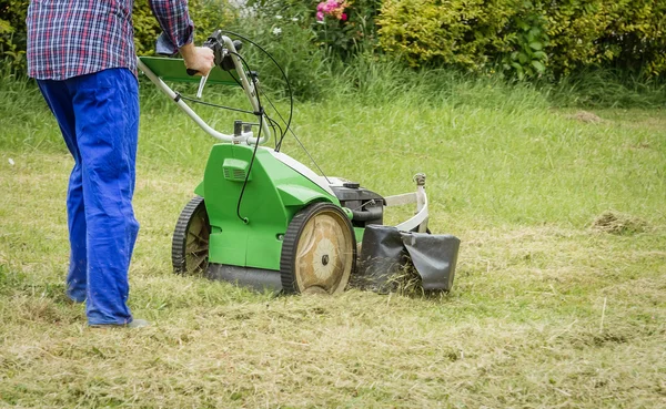 Joven cortando el césped con una cortadora de césped — Foto de Stock