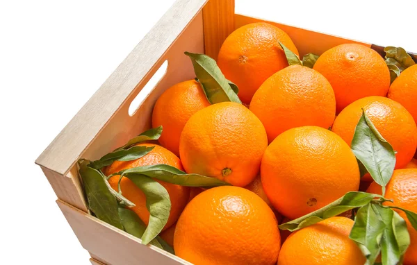 Caja de madera de naranjas valencianas sobre fondo blanco — Foto de Stock