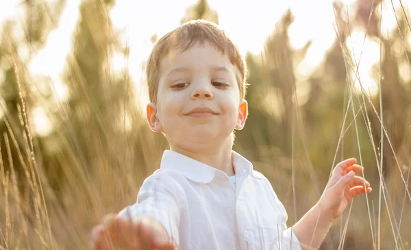 Enfant sur le terrain jouant avec des pointes au coucher du soleil d'été — Photo