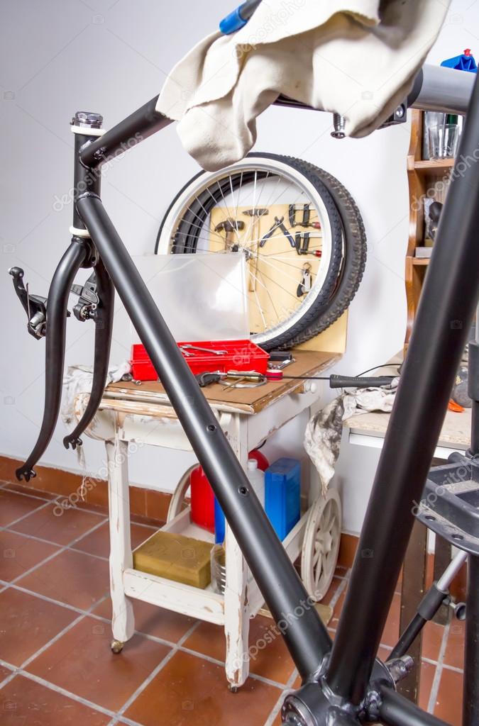 Custom fixie bike parts in a restoration process