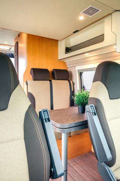 Interior of a camper van with table
