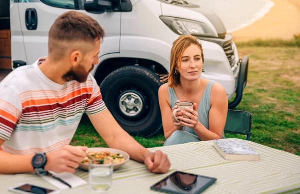 Young Man Looking Pensive Woman Holding Coffee Cup Camper Van — Stock Photo, Image