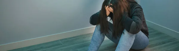 Unrecognizable Desperate Woman Mental Health Problems Hands Head Sitting Floor — Stock Photo, Image