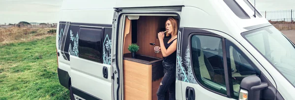 Young Woman Brushing Teeth Morning Door Her Campervan — Stockfoto