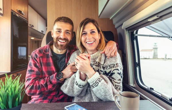 Happy Couple Excited Talking Looking Camera Video Call Camper Van — Stock Photo, Image