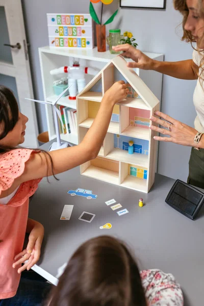 Female Student Ecology Classroom Placing Parts Sustainable House — Foto de Stock