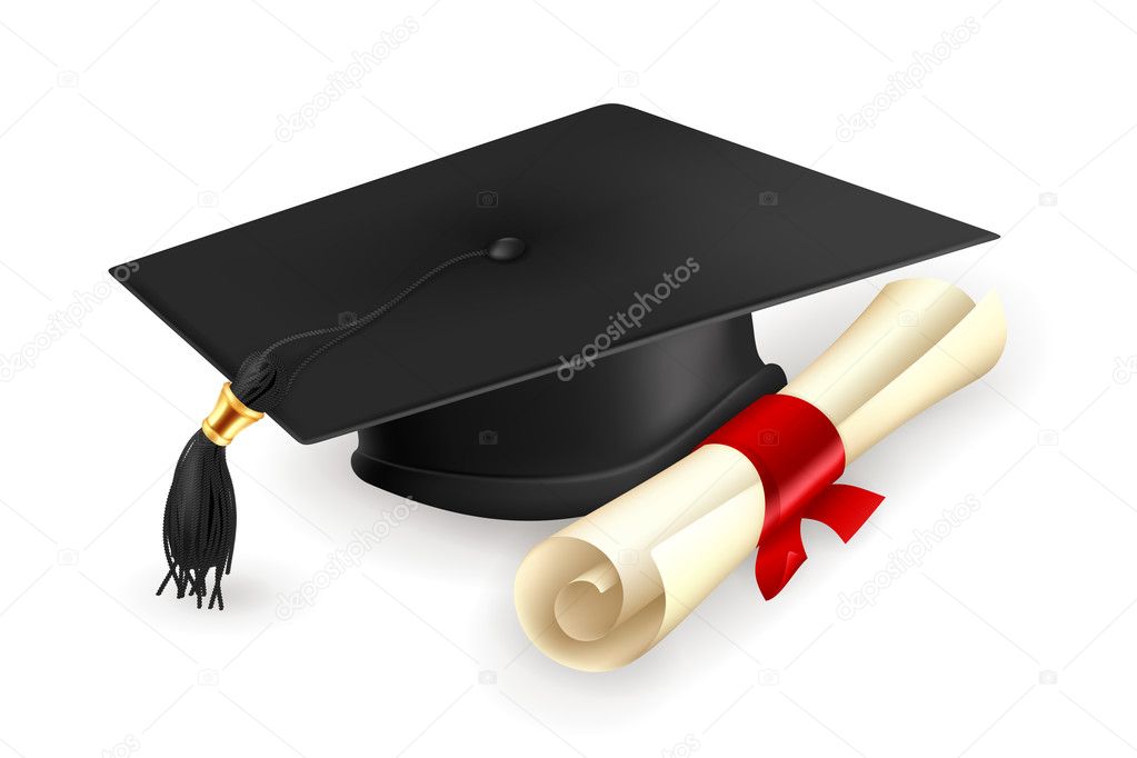 Graduation cap and diploma, vector