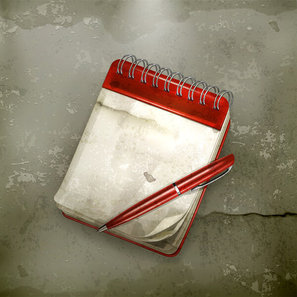 Spiral notebook with pen, old-style vector