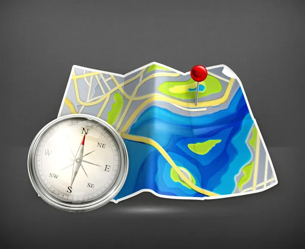 Harita ve pusula, vektör — Stok Vektör