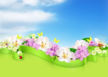 Spring flowers and clouds, vector background