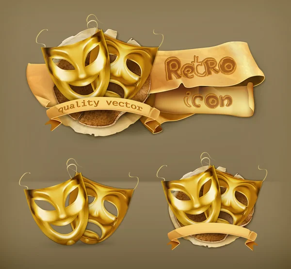 Gold theater masks, vector icon — Stock Vector