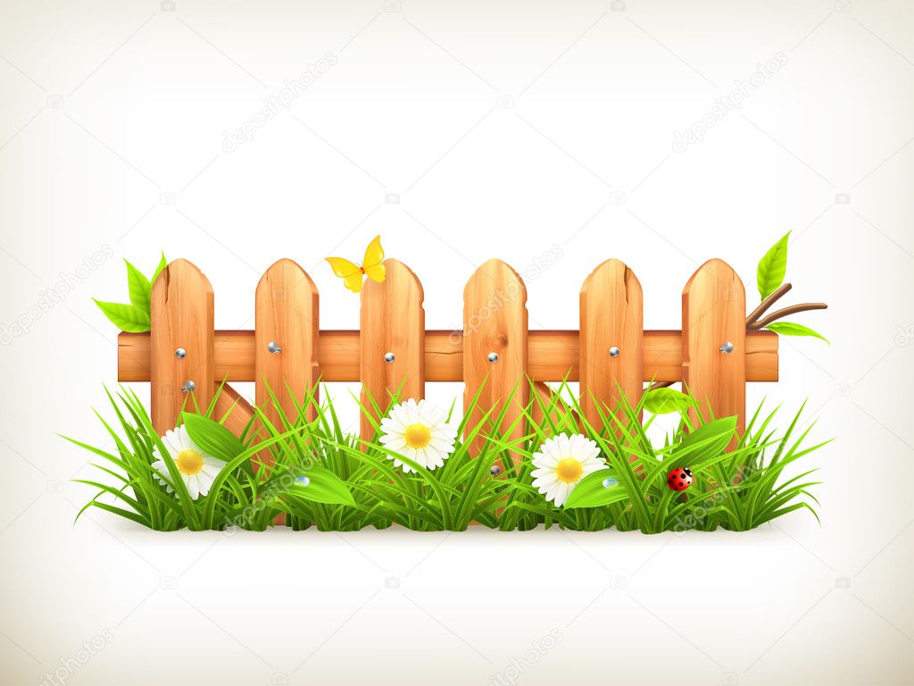Spring grass and wooden fence vector