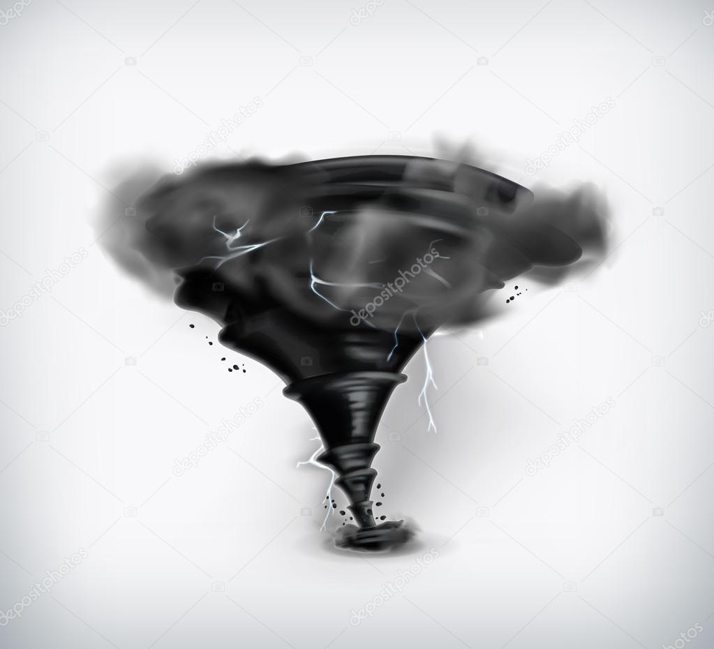 Black tornado with lightning, vector icon