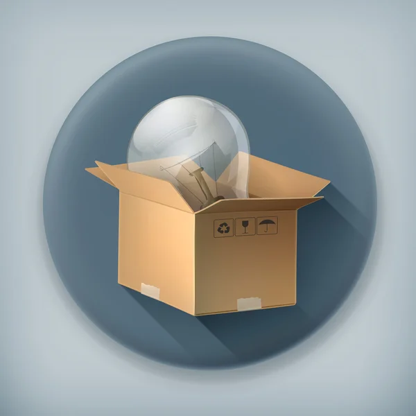 Bombilla en caja icono de vector de sombra larga — Vector de stock