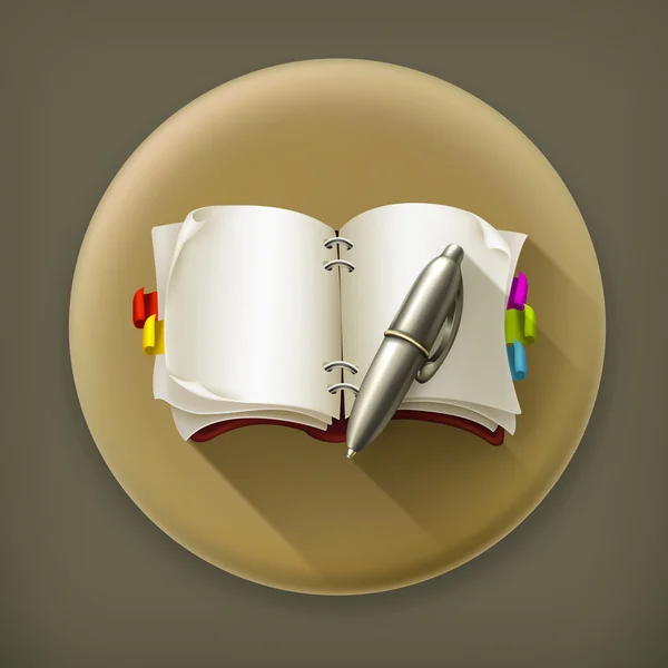 Cuaderno con pluma, icono de vector de sombra larga — Vector de stock