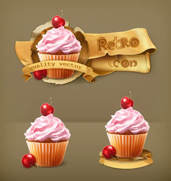 Cseresznye cupcake, retro vektor ikon — Stock Vector