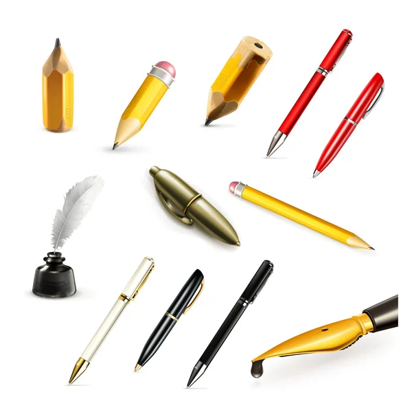 Bolígrafos y lápices, establecer iconos vectoriales — Vector de stock