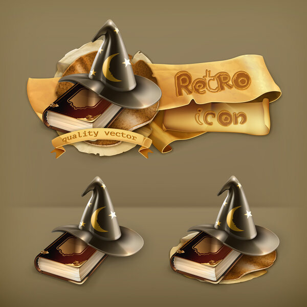 Wizard hat and old book vector icon