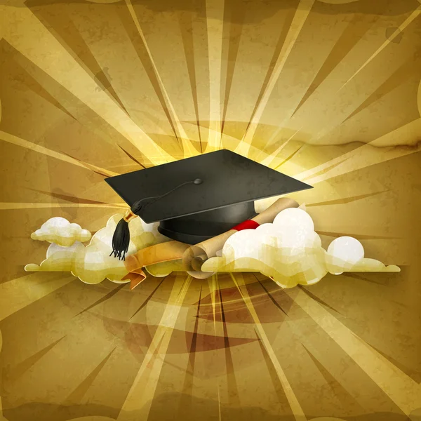 Graduation cap and diploma, old style vector background — Stock Vector
