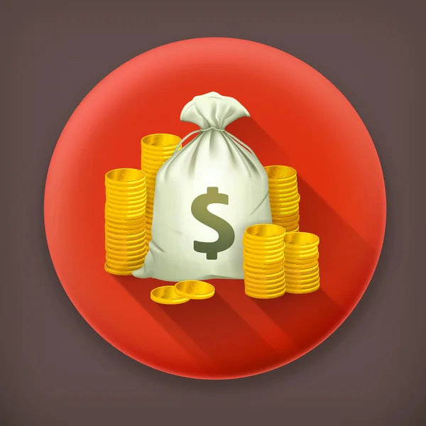 Montones de monedas y bolsa de dinero, icono de vector — Vector de stock