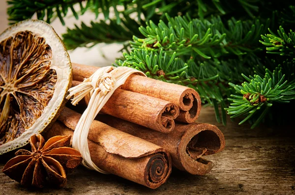 Cinnamon sticks, dried orange and aniseed — Stock Photo, Image